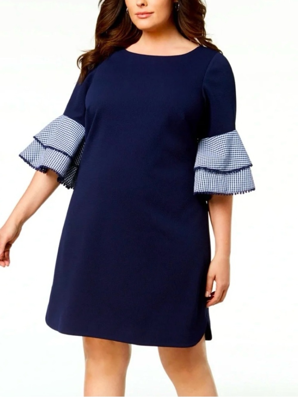 Jessica Howard Navy Blue Midi Dress With Gingham Bell Sleeves, Women’s Sz 14
